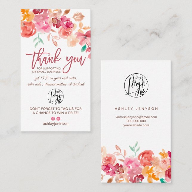 Cartão De Visita Fall boho floral aquarela obrigado de pedido de lo (Frente/Verso)