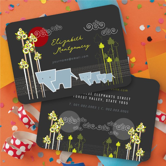 Cartão De Visita Família De Elefantes Whimsical Na Floresta E Sol V (Whimsical Stylized Elephant Family In The Forest & Red Sun Business Card @ fatfatin)