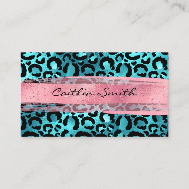 Cartão De Visita Faux Aqua Blue Foil Leopard Pink Traço Pincel (Frente)