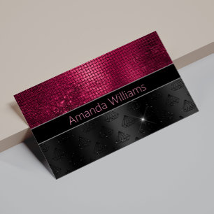 Cartão De Visita Faux Chic Silver Glitter Burgundy Monograma preto