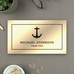 Cartão De Visita Faux Cream Gold Foil Black Naw Anchor Náutico