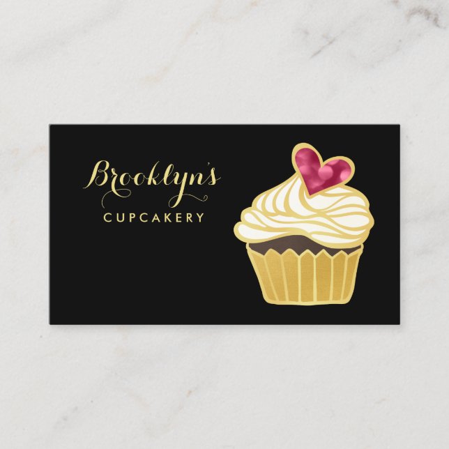 Cartão De Visita FAUX Dourada Cupcakery Elegante e Coração Bokeh Ro (Frente)