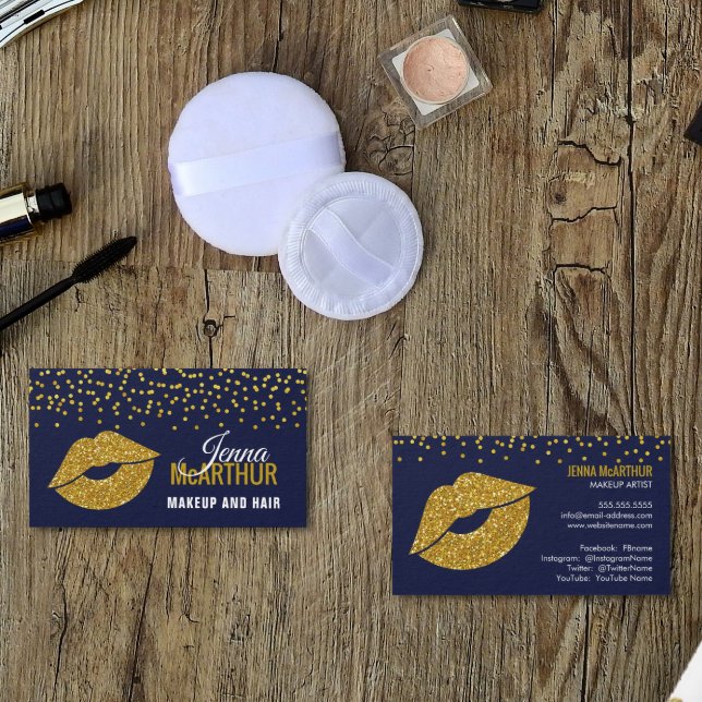 Cartão De Visita Faux Dourado Glitter Lábios e Confetti Makeup Arti (Criador carregado)