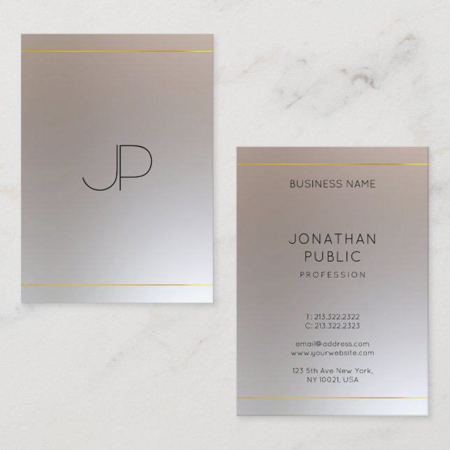 Cartão De Visita Faux Dourado Silver Monogramed Modern Modelo (Frente/Verso)