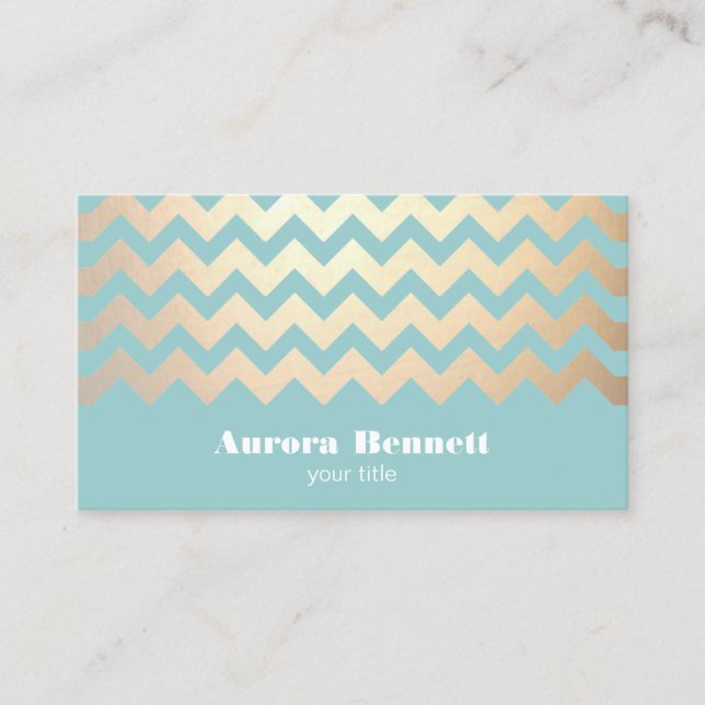 Cartão De Visita FAUX Gold Foil Chevron Padrão e Turquoise Blue (Frente)