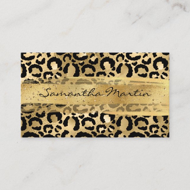 Cartão De Visita Faux Gold Foil Glitter Brusca Traço Leopardo (Frente)