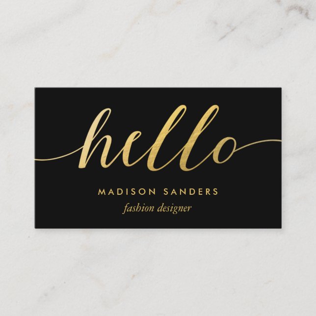 Cartão De Visita Faux Gold Foil Hello Typografia Classic Black (Frente)
