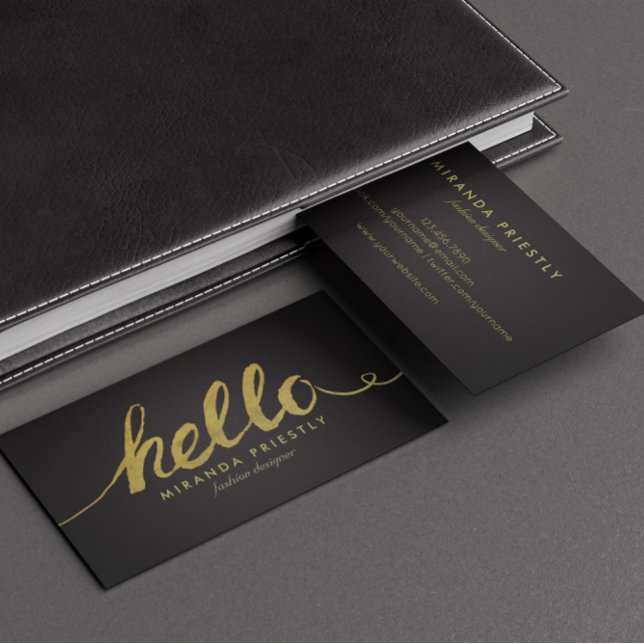 Cartão De Visita Faux Gold Foil Hello Typografia Classic Black (Criador carregado)