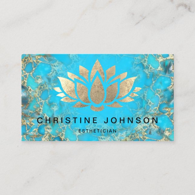 Cartão De Visita faux gold foil lotus logo un turquoise textura (Frente)