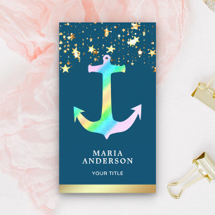 Cartão De Visita Faux Gold Foil Stars Confetti Blue Rainbow Anchor