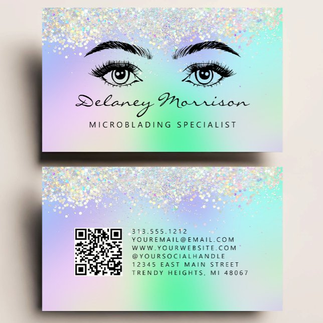 Cartão De Visita Faux Holographic Glitter Eyes QR Code Microblading (Criador carregado)