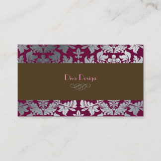 Cartão De Visita Faux prata barroco damask en merlot + chocolate
