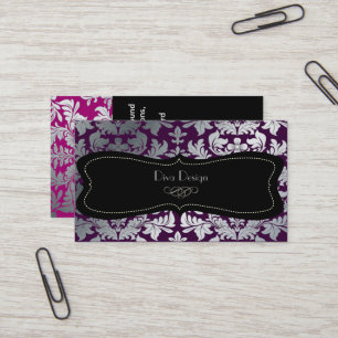Cartão De Visita Faux prata barroco damask roxo/preto