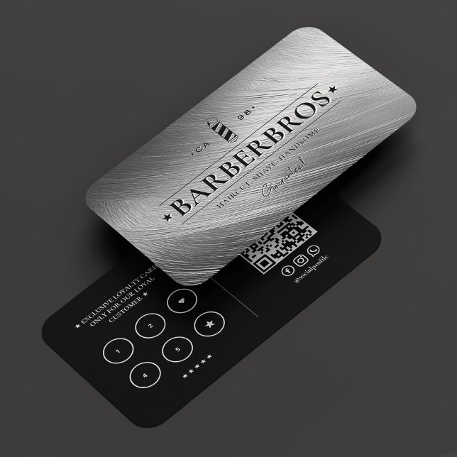 Cartão De Visita Faux Silver Barbershop do Pole Barber (Barber Pole Faux Silver Barbershop loyalty Business Card
)