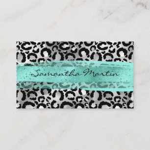 Cartão De Visita Faux Silver Foil Leopard Spot Aqua Brush Stroke
