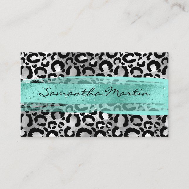Cartão De Visita Faux Silver Foil Leopard Spot Aqua Brush Stroke (Frente)