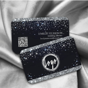 Cartão De Visita Faux Silver Glitter e Black Elegante código QR