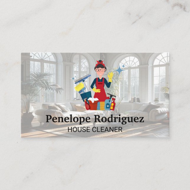 Cartão De Visita Feliz Dama de Limpeza com Seu Equipamento (Frente)