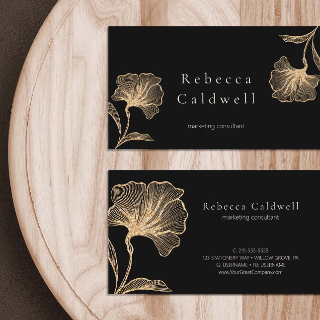 Cartão De Visita Feminina Floral Dourada Elegante (Elegant Black Gold Floral Feminine Business Card)