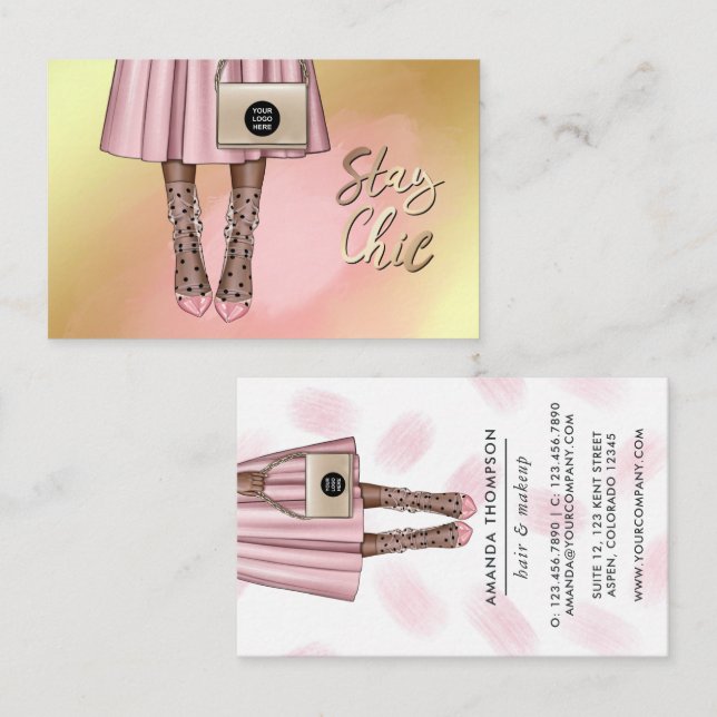Cartão de Visita Feminino Rosa e Dourado (Frente/Verso)
