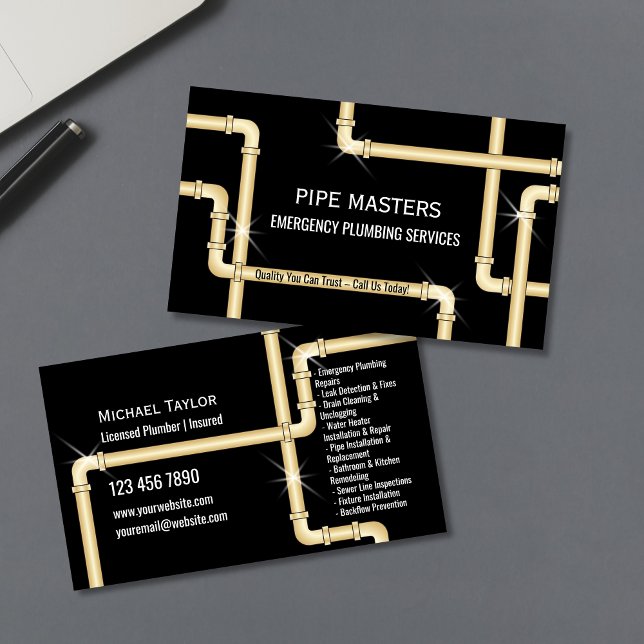 Cartão De Visita Ferramentas de Canalização de Canalizações Profiss (plumbing pipes in gold color on the black background business cards)