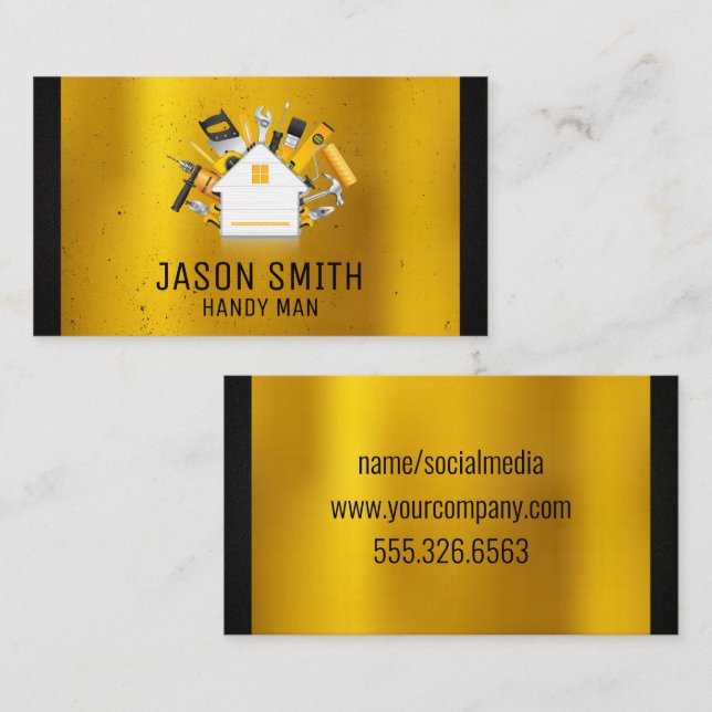 Cartão De Visita Ferramentas de carpintaria Dourada de metal preto (Frente/Verso)