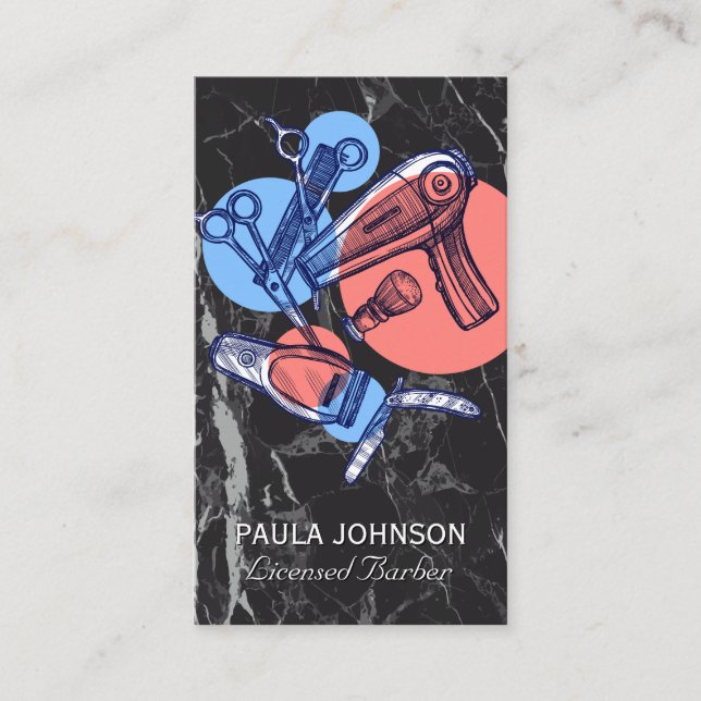 Cartão De Visita Ferramentas de Compro de Barber | Mármore Negro (Frente)