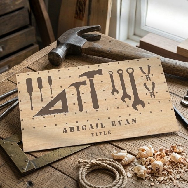 Cartão De Visita Ferramentas de Construção de Grão de Madeira Moder (Modern Wood Grain Construction Handyman Tools Business Card)
