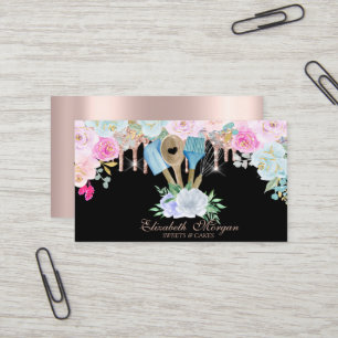 Cartão De Visita Ferramentas de Padaria Aquarela Flores Drips Doura