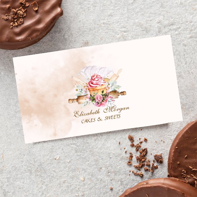 Cartão De Visita Ferramentas de Padaria de Aquarela Cupcake Padaria (Criador carregado)