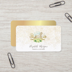 Cartão De Visita Ferramentas de Padaria Florais de Confete Dourado