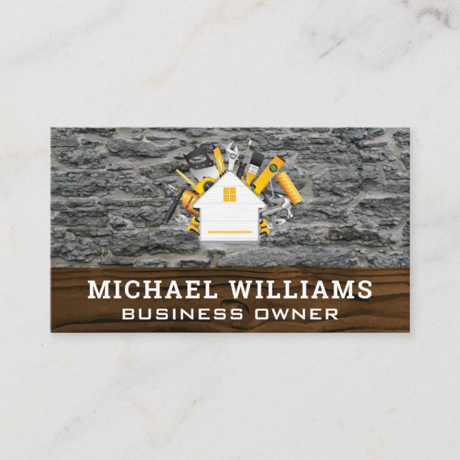 Cartão De Visita Ferramentas para uso doméstico | Fundo de Wood Roc (Frente)