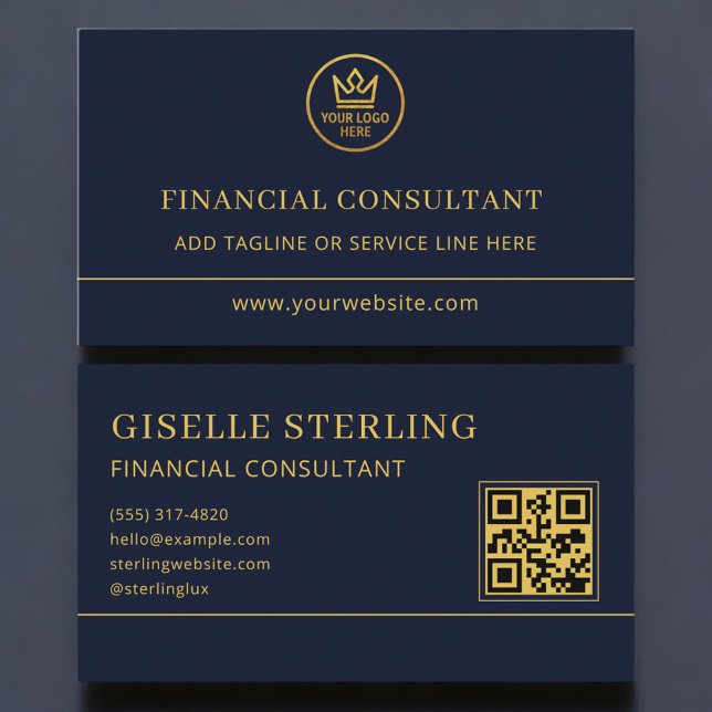 Cartão De Visita Financial Consultant Blue Gold Logo QR Code (Criador carregado)
