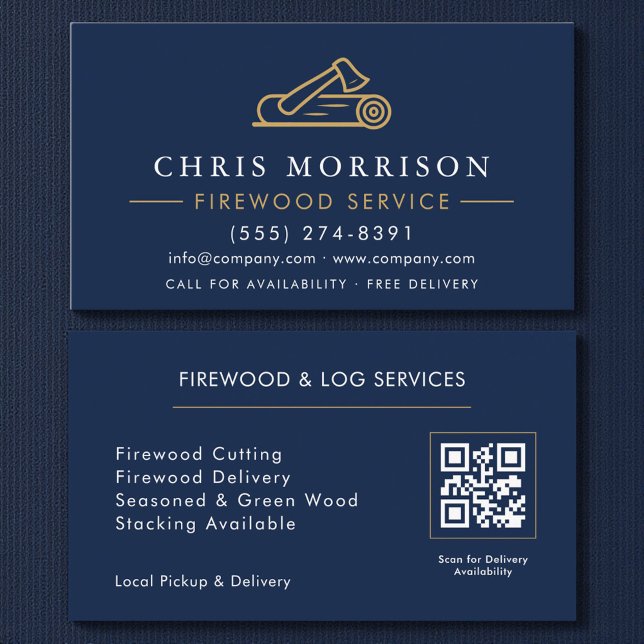 Cartão De Visita Firewood Supply Service Navy Blue Gold QR Code (Criador carregado)