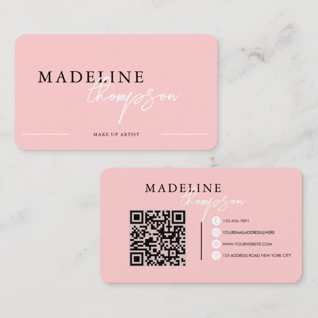 Cartão De Visita Flamingo Pink Calliografia Script QR (Frente/Verso)