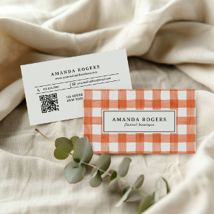 Cartão De Visita FLANEL COM QR CODE XADREZ BÚFALO Aquarela LARANJA