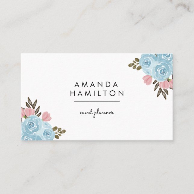 Cartão De Visita Flor de Água AZUL Clássico Moderno e Folhas  (Frente)