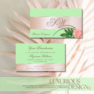 Cartão De Visita Flor de Decoração Dourada com Rosa Verde com Mint 
