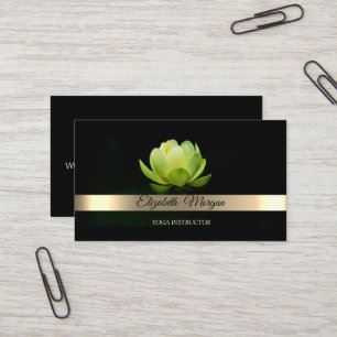 Cartão De Visita Flor de Lótus Verde com Faixa Dourada Elegante Yog