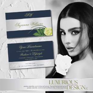 Cartão De Visita Flor Rosa de decoração azul escura com prata com i