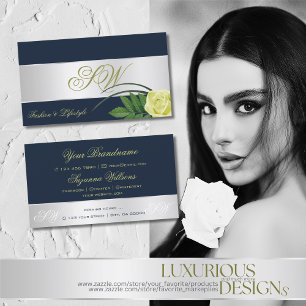 Cartão De Visita Flor Rosa de Decoração Azul Escuro com Monograma