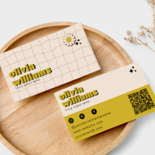 Cartão De Visita Flor Verde Trólido Código QR Boho Groovy