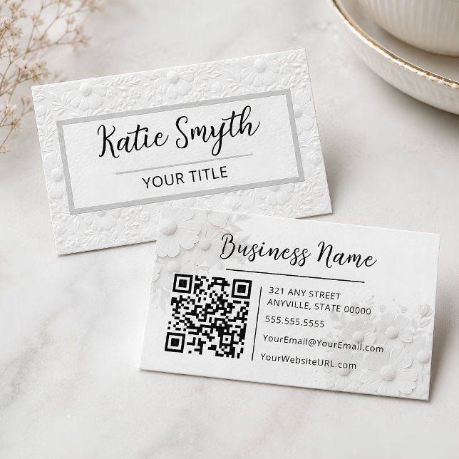 Cartão De Visita Flora Branco Personalizada com Relevo Falso (White Faux Embossed Flora Business Card)