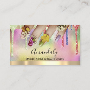 Cartão De Visita Florais De Manicure De Unhas Com Glitter Holograph