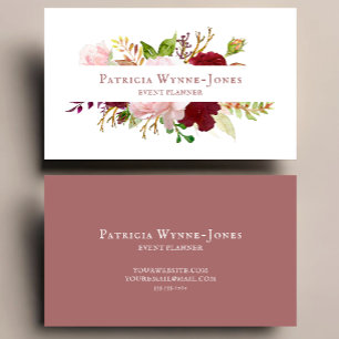 Cartão De Visita Florais Rustico Aquarela Rosa e Borgonha