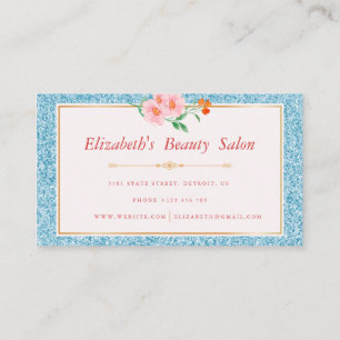 Cartão De Visita Floral Aqua Azul Brilho Maquiadora Beleza