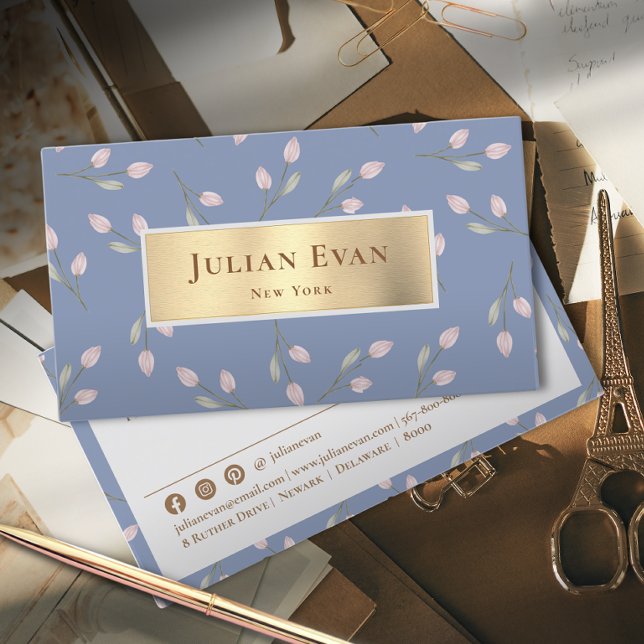 Cartão De Visita Floral Azul Dourado Dusty, brilhante feminino eleg (Criador carregado)