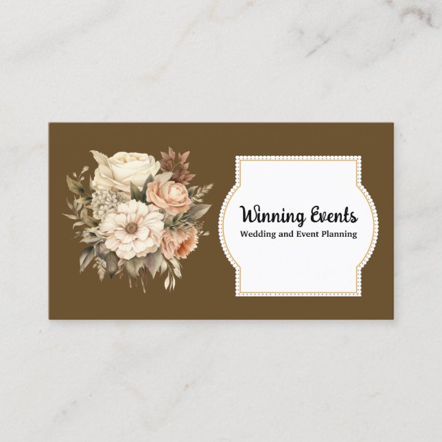 Cartão de Visita Floral Boho Marrom Dourado (Frente)