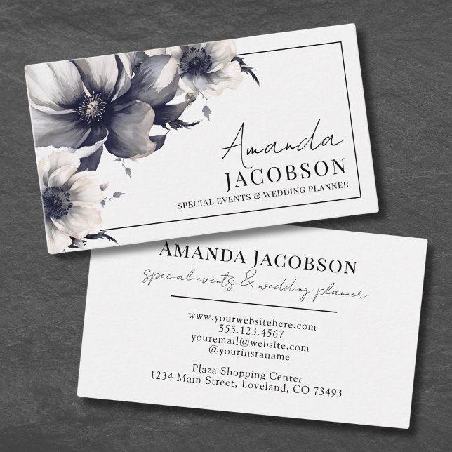 Cartão De Visita Floral Branca Negra-Preta para Casamento Elegante (Elegant Event Wedding Planner Black White Floral Business Card)