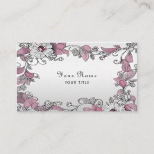 Cartão de visita Floral Branco Prateado Rosa